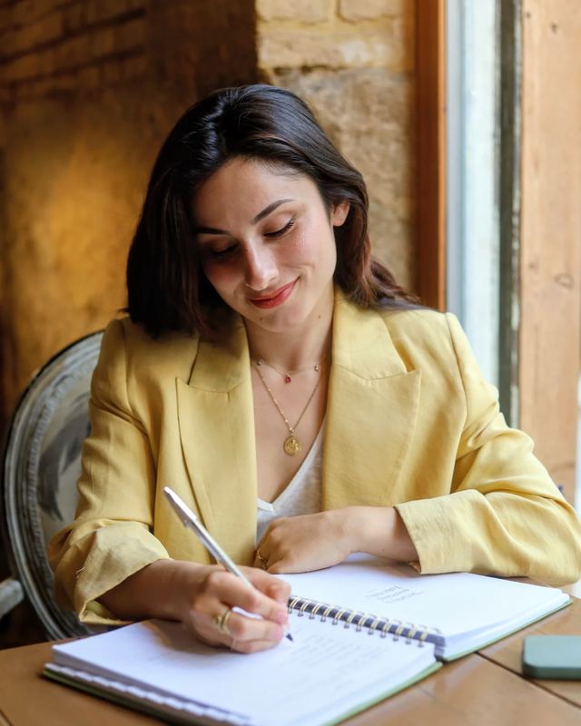 Anais Fons escribiendo en su libreta, con americana amarilla